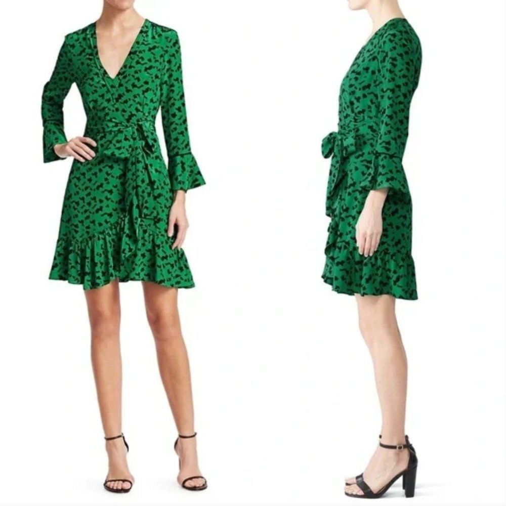 TANYA TAYLOR Nomi Wrap Dress Green Silk Print Ruffle Trim, Size 4